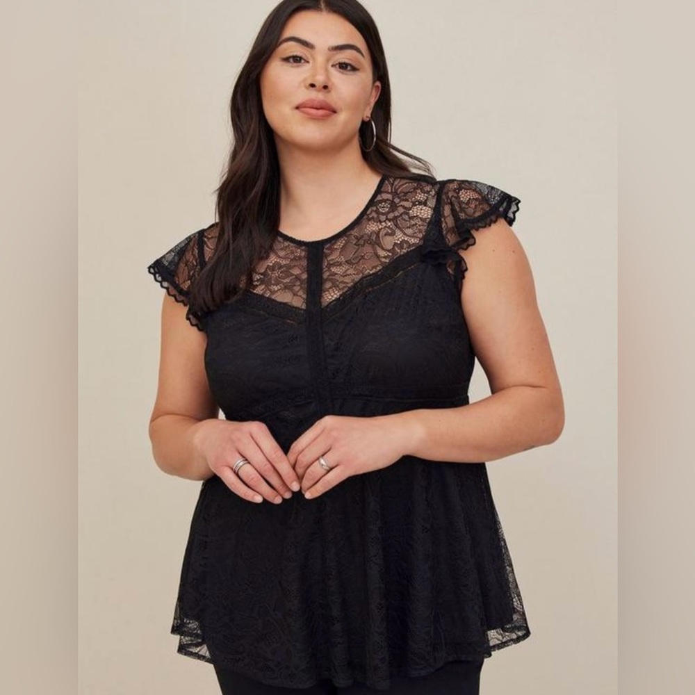 Torrid Black Peplum Lace Ruffle Sleeve Top